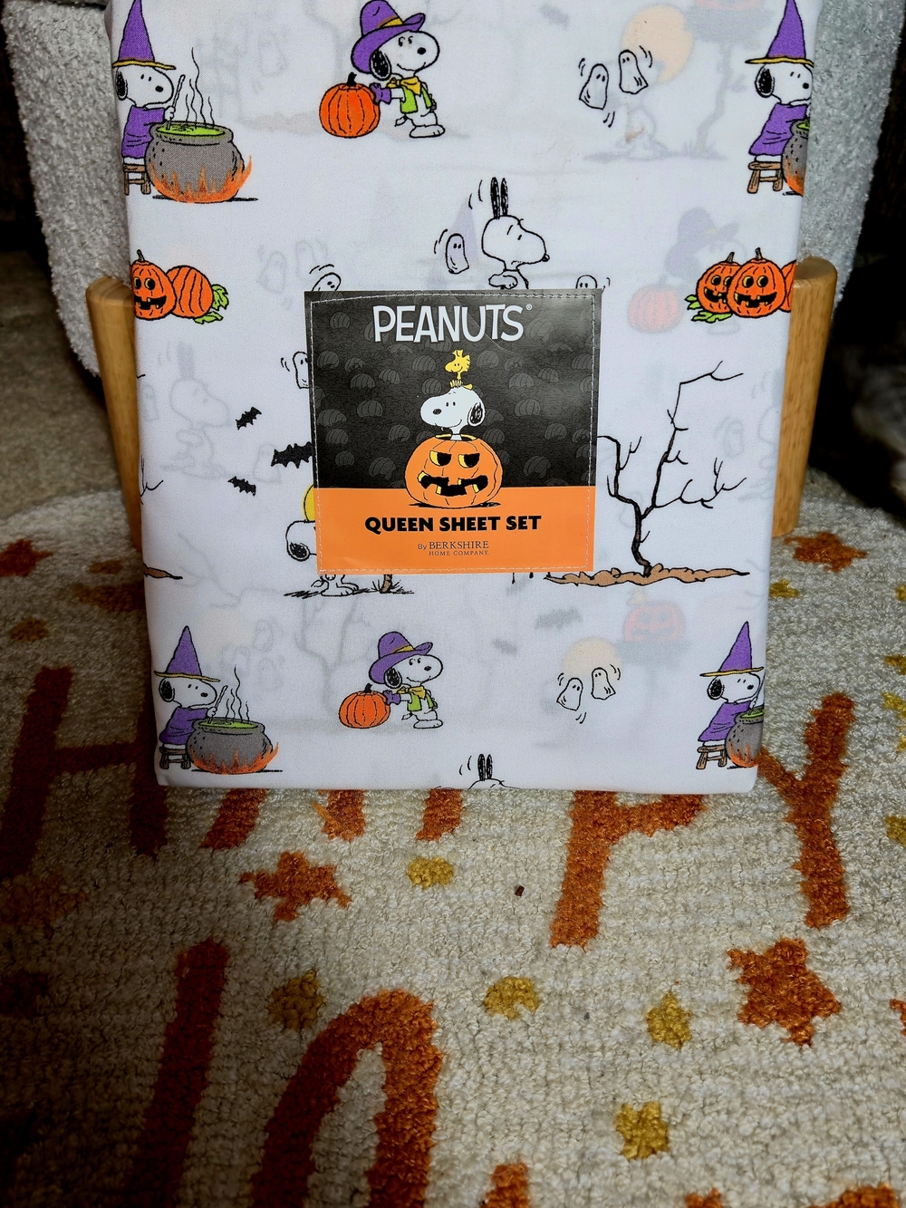 Peanuts Snoopy Halloween Witch & Pumpkin Queen Size Sheet Set by Berkshire NWT
